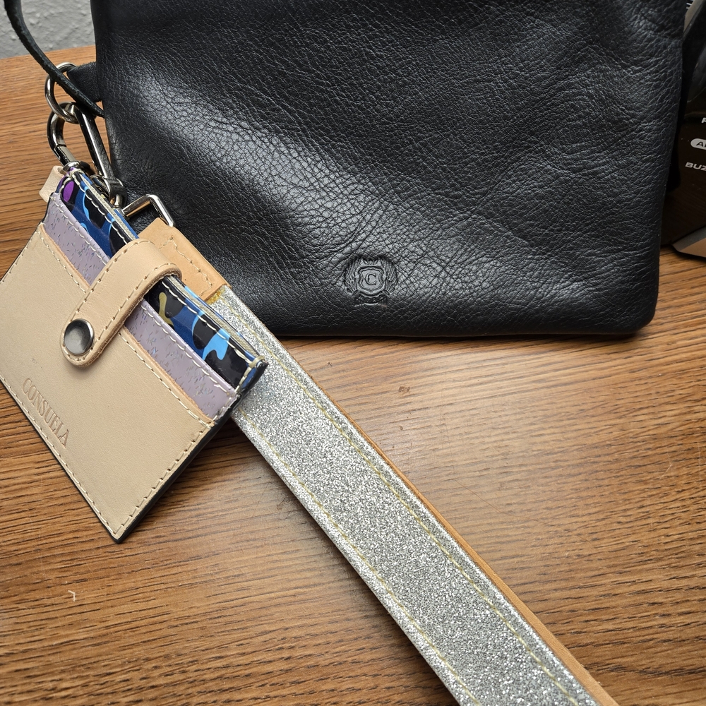 Black Leather Clutch with Silver Strap